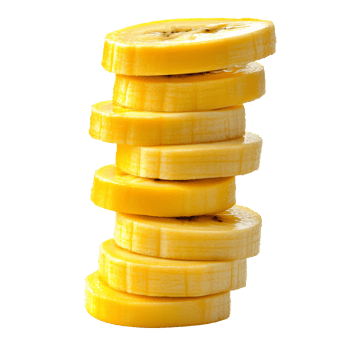Neatly stacked banana slices on white, cut out transparent png