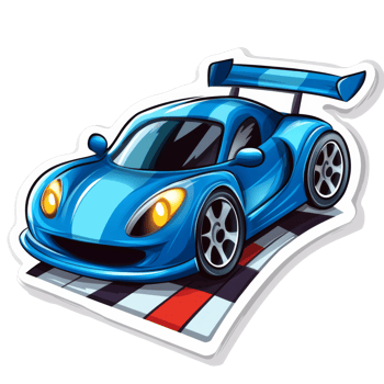 Blue racing car on a checkered track design, cut out transparent png
