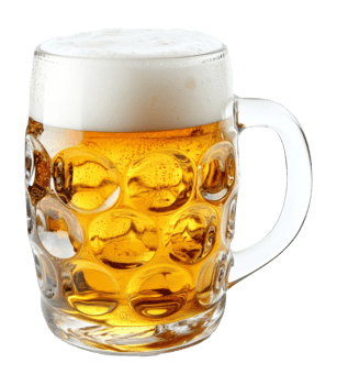 Frothy beer in a textured glass mug on a table, cut out transparent png