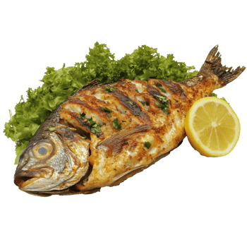 Grilled fish with greens and lemon, cut out transparent png