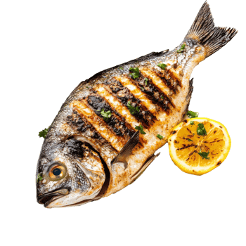 Lemon-grilled fish on white plate, cut out transparent png