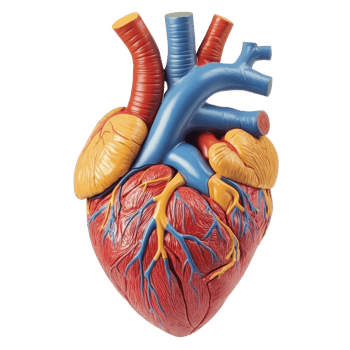 Human heart model with vascular details, cut out transparent png