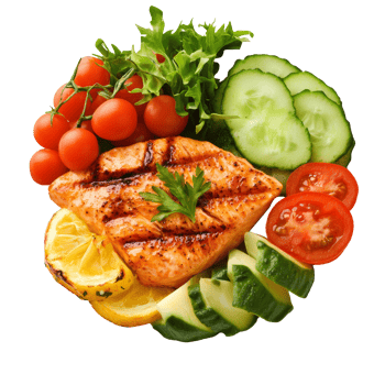 Grilled salmon with veggies and lemon, cut out transparent png