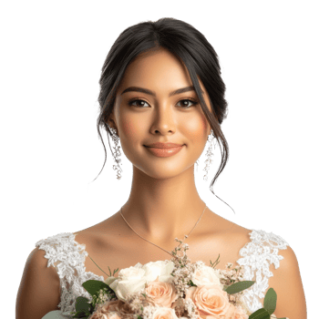 Bridal portrait with soft bouquet at wedding venue, cut out transparent png