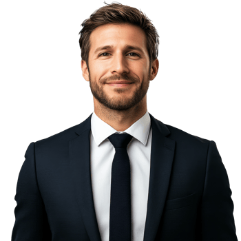 Smiling man in suit on white backdrop, cut out transparent png