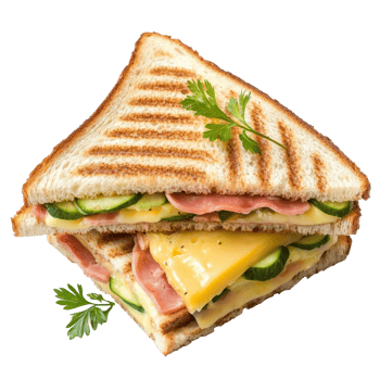 Tasty ham, cheese, and cucumber sandwich, cut out transparent png