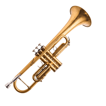 Brass trumpet shining under bright studio lights, cut out transparent png