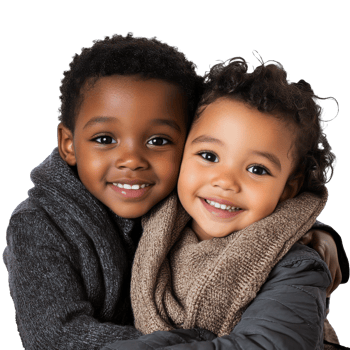 Two children sharing a warm hug in cozy scarves, cut out transparent png
