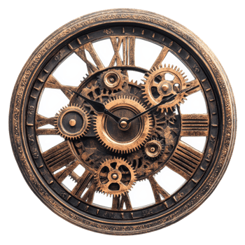 Detailed clock with visible gears, cut out transparent png