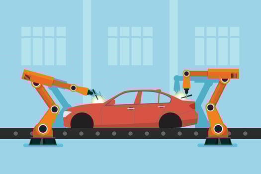 Vehicle production manufacturing processes robotic arms helping car production vector