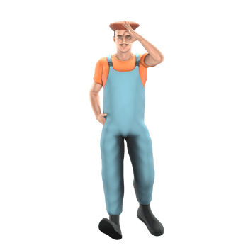 3D Artistic Enforcement Male Painter. A male painter is walking with his right hand in his trouser pocket while his left hand is raised to form an okay symbol in front of his face. Professional Model png
