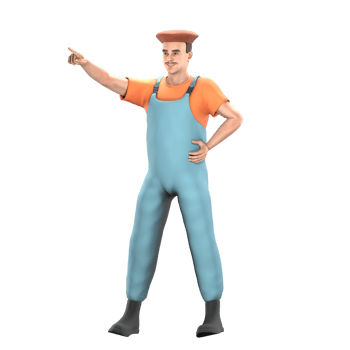 Male Painter in 3D. A male painter is standing with his left hand on his waist while his right hand is pointing to the right. Professional Art png