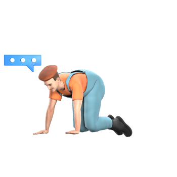 Professional 3D Artistic. A male painter is crawling as if looking for something while above his head there is a red dialog icon with three dots. Male Model png