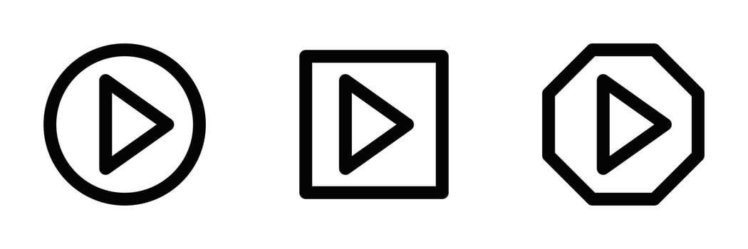 Illustration of three play button icons in different shapes, perfect for media and user interface designs. Editable stroke. vector
