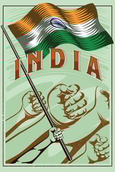 India flag poster design illustration. Vintage poster of indian flag with hands holding the flag. World nation poster with hand fist illustration showing symbolic strength of indian people vector
