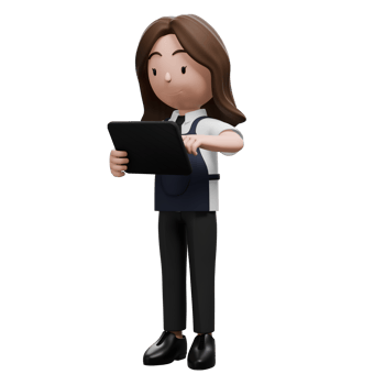Store clerk using a tablet for orders or inventory tasks. png