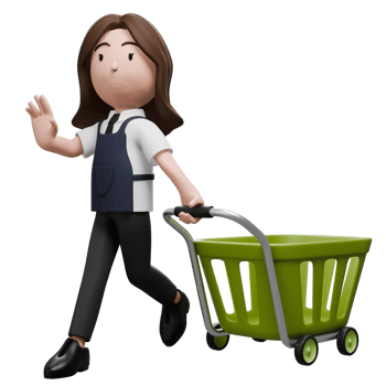 Store employee pushing a green cart, working in retail logistics. png