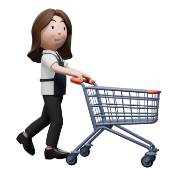 Smiling store employee pushing a shopping cart, ready for service. png