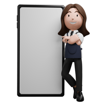 Store employee leaning on a giant smartphone, presenting information. png