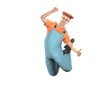 3D Male Painter in Professional Role. A male painter is jumping excitedly, raising one hand with a clenched fist and giving a thumbs up with the other. Artistic Model png