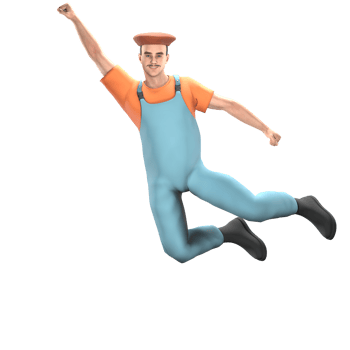 Male Painter 3D Professional. A male painter jumps excitedly, with one of his hands raised up, similar to a superhero pose. Artistic Cartoon Model png