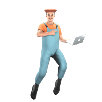 Professional Painter Character in 3D. A male painter jumps with his left hand carrying a laptop while his right hand points at the laptop. Male Model png