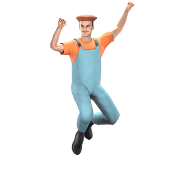 Illustrative 3D Male Painter. A male painter jumps excitedly with both fists clenched upwards. Professional Model png