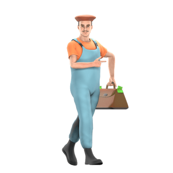 Male Professional Painter - 3D Character. A male painter walks with his left hand carrying a money bag while his right hand points to the left. Artistic Model png