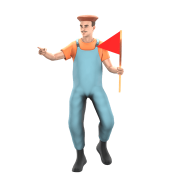 Professional Male Painter in 3D Animation. A male painter stands with his right hand pointing at something while his left hand carries a red flag. Artistic Model png