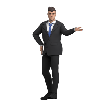 Illustrated 3D Attorney. A male lawyer stands with his hand on his hip and his other hand out to the side, as if explaining a point in a presentation. Male Legal Expert png