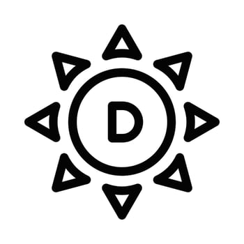 Icon of a sun with the letter D, representing vitamin D and sunlight. Simple black and white design, ideal for health-related themes. Editable stroke. vector