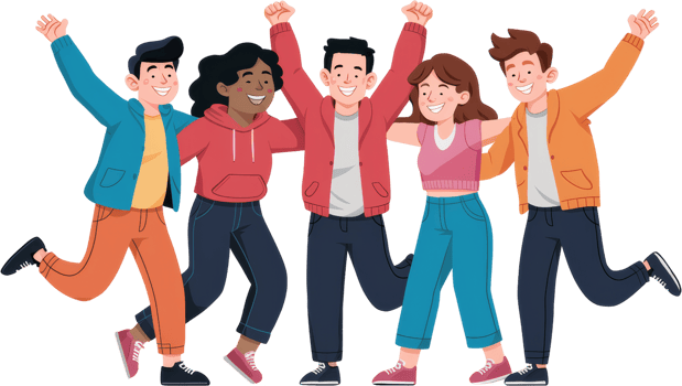 Group of animated characters posed in joyful expression. png