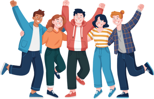 Group of friends standing and raising their arms together png