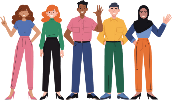Diverse friends posing with hands and smiling confidently png