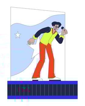 Hispanic male singer microphone holding on stage 2D cartoon character. Sing popular music concert. Retro-styled musician isolated person flat on white background. Spot illustration colorful vector