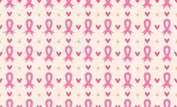 Breast cancer awareness month seamless pattern, pink ribbon and hearts vector