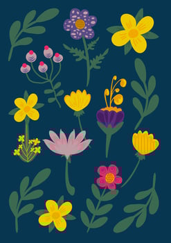 Floral Backgrounds. Art Style from the 1960s. Flowers collection on the deep blue background. Cover template. vector