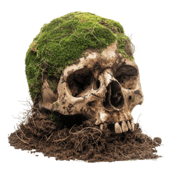 A skull with moss on it sitting in the dirt png