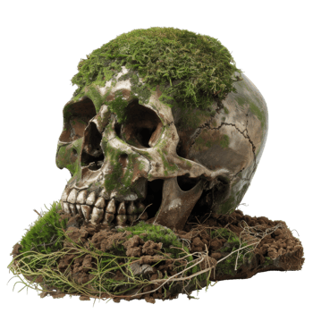 A skull with moss on it sitting on top of a green grass png