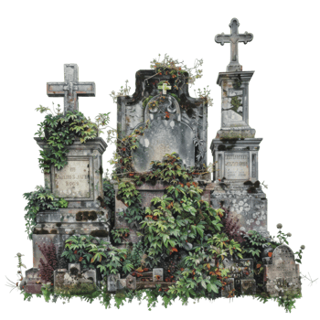 Overgrown Gravestones in a Cemetery png