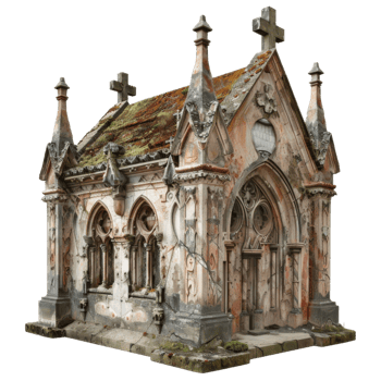 Weathered Stone Chapel with Mossy Roof and Gothic Architecture png