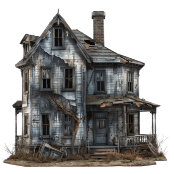 A Derelict Two-Story House with a Porch and a Brick Chimney png