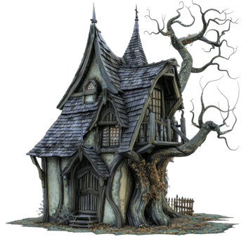 A Rustic, Gnarled Tree House with a Shingled Roof png