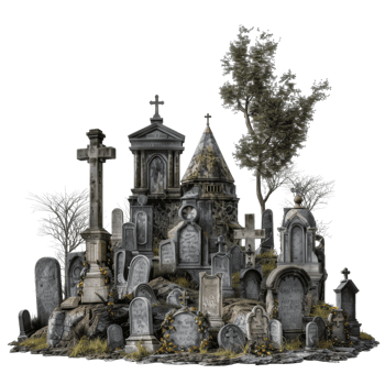 A cluster of weathered grave monuments in a cemetery png