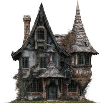 A Quaint and Eerie Old Brick Cottage with a Steeply Pitched Roof and a Tower png