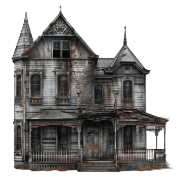 A dilapidated Victorian-style house with a porch and a sold sign png