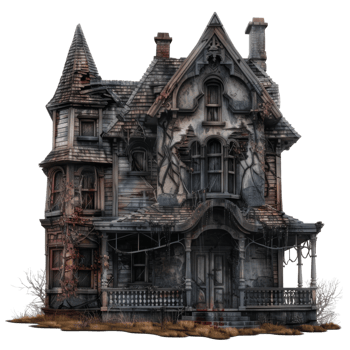 A decaying, Victorian-style haunted house with a porch and a tower png