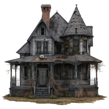An Eerie, Abandoned Victorian House with a Decaying Porch png