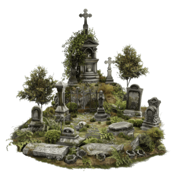 An Overgrown Cemetery with Stone Crosses and Statues png