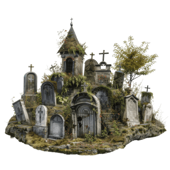 Overgrown Cemetery With Stone Tombs and a Tower png